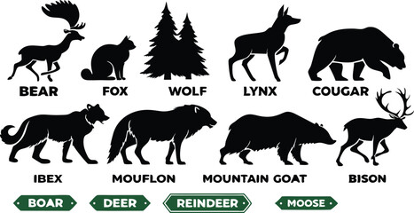 A detailed vector illustration of various wild forest animals in black silhouette style on a white background. Include multiple poses of each animal. Animals featured should include: bear, fox, wolf, 
