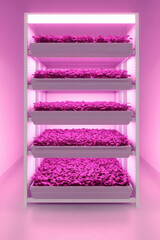Obraz premium Vertical shelves filled with pink-lit plants are stacked in an indoor farming unit. Urban agriculture, vertical farming, indoor cultivation