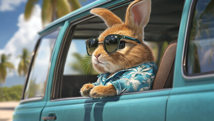 A cute brown rabbit wearing sunglasses and a blue Hawaiian shirt is sitting in the passenger seat of an old teal van, looking out with its head sticking outside on a tropical beach road