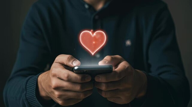Man holds smartphone and sends red heart emoji. Social media communication and dating app concept with digital love message footage - Powered by Adobe
