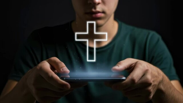 Man with smartphone showing glowing Christian cross, faith application, religious technology concept footage.
