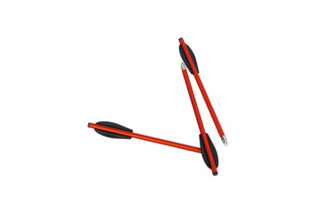 Three red aluminum crossbow bolts with black fletching and pointed metal tips, isolated on white...