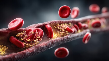 Heart Artery Blockage, Close-up view of red blood cells flowing through a blood vessel with a detailed background.