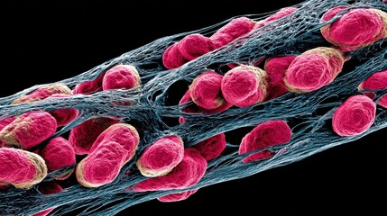 Highly magnified medical illustration showing red blood cells trapped in arterial plaque, depicting early stages of heart artery blockage.
