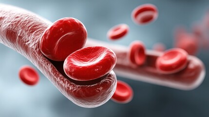 Heart Artery Blockage, Close-up view of red blood cells flowing through a blood vessel.