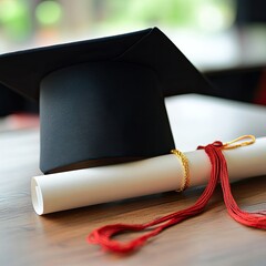 Graduation Cap and Diploma Scroll on Wooden Table