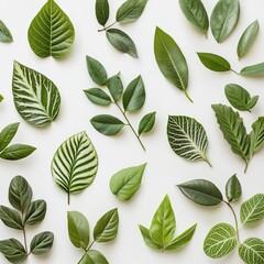 Flat Lay Composition of Green Leaves on White Backdrop