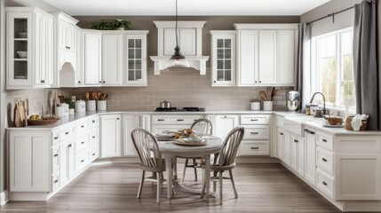 White kitchen with light wood flooring and a breakfast nook.