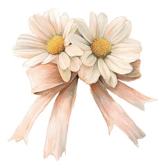 Two white daisies with yellow centers are tied together with a soft pink ribbon bow.