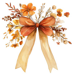 Elegant orange bow with long ribbons adorned by yellow and orange flowers and delicate foliage.