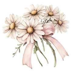 A bouquet of white daisies tied together with a pink ribbon.