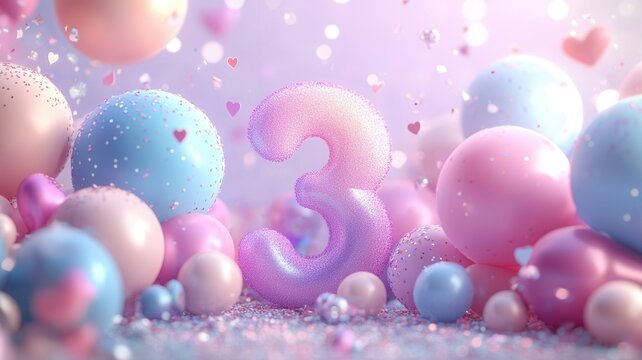 Pink birthday blue pastel balloons surround a glittering number 3, creating a festive and atmosphere