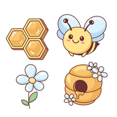 Cute kawaii bee, flower, honeycomb and beehive vector drawing, cute cartoon style kids illustration