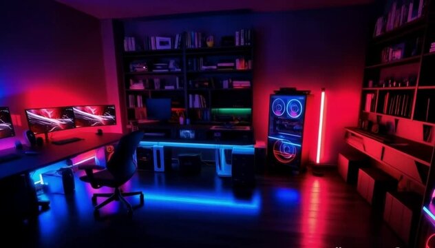 gaming setup room with various LED footage lights. smooth orbit right camera shot