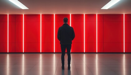 Person standing before a striking red wall with vertical lights modern interior design