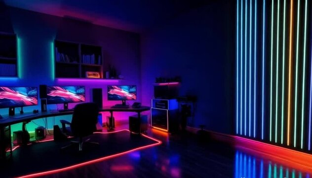 gaming setup room with various LED footage lights. smooth orbit right camera shot