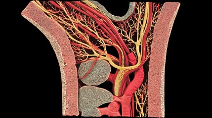 Detailed anatomical cross-section highlighting arteries, veins, and tissue structure, illustrating vascular complexity impacted by chronic hypertension.
