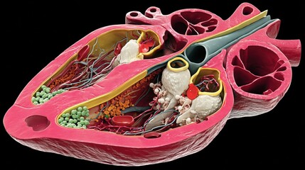 Pathology of Hypertension, Anatomical illustration of a human heart, showcasing internal structures and blood flow.