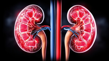 Pathology of Hypertension, Detailed anatomical illustration of human kidneys with blood vessels highlighted.