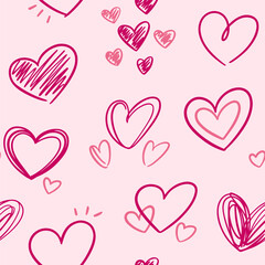 Doodle hearts seamless pattern, background. Cute cartoon style love vector drawings