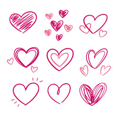 Doodle hearts, set of cute cartoon style love vector drawings