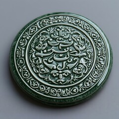 Decorative green ceramic plate with intricate engravings and floral patterns, showcasing traditional craftsmanship and artistry.