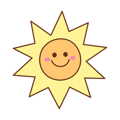 Cute funny smiling doodle sun, cartoon style simple vector drawing