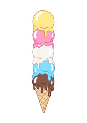 Funny ice cream cone with a pyramid, stack, pile of melting ice cream balls. Cartoon style illustration, drawing