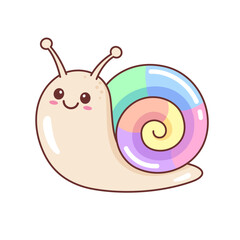 Cute kawaii smiling snail character with rainbow shell. Funny kids drawing, vector illustration