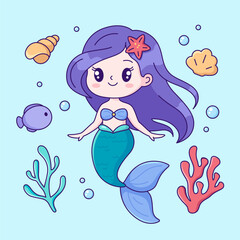 Cute kawaii mermaid girl with a fish tail. Funny cartoon style marine illustration