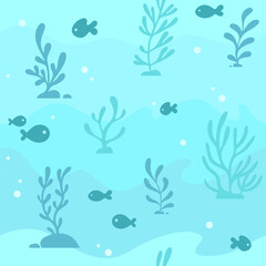 Sea, underwater, marine seamless pattern, background with seaweed and fishes silhouettes. Simple cartoon style vector drawing, illustration