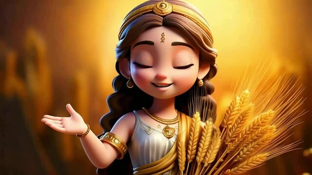 Cute Cartoon Greek Goddess Demeter Holding Wheat and Talking