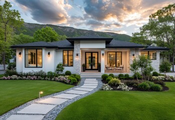 A beautiful home with a lush green lawn and colorful flowers, showcasing the perfect landscape design in an idyllic suburban neighborhood during the golden hour.
