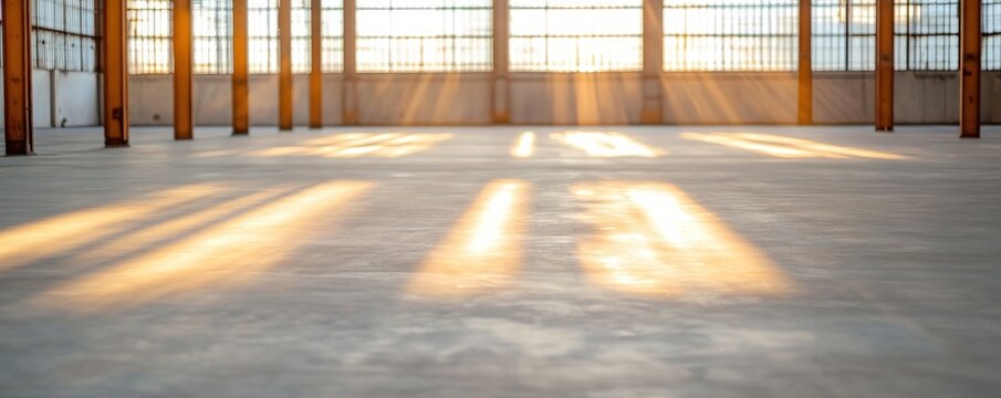 Sunlit industrial interior spacious empty hall with columns and windows