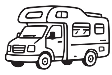 Fototapeta premium Simple black and white vector of a campervan, using bold black outlines to define the classic road trip vehicle with clear, clean lines.