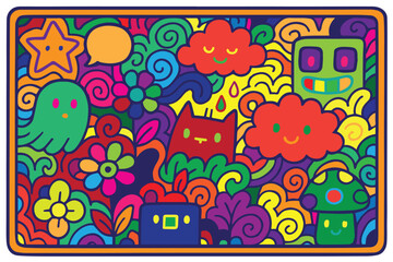 Naklejka premium A colorful vector background filled with fun doodles, featuring playful shapes, bright colors, and lively patterns perfect for creative cheerful designs.