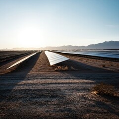 Solar Panels in Desert Landscape with Long Shadows