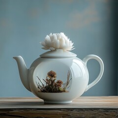White Ceramic Teapot with Blooming Tea Flowers in Warm Minimalist Setting