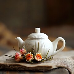 White Ceramic Teapot with Blooming Tea Flowers in Warm Minimalist Setting