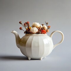 White Ceramic Teapot with Blooming Tea Flowers in Warm Minimalist Setting