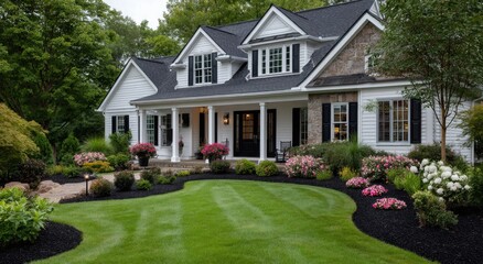 a beautiful home's front yard with perfectly manicured green grass surrounded by colorful flowers and neatly raked black mulch in the landscape design.
