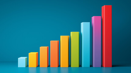 Rising colorful bar chart displaying business growth and financial success on blue background