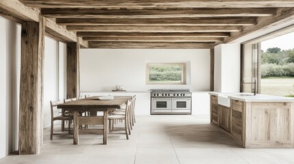 Rustic, open-plan kitchen and dining area with wooden beams and natural light.