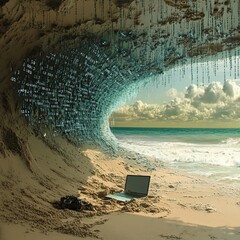 Surreal Beach with Binary Code Waves and a Laptop in the Sand