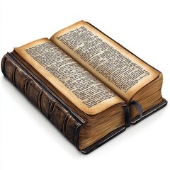 Obraz premium Aged Leather Bound Book With Textured Pages In Minute Text On White Backdrop