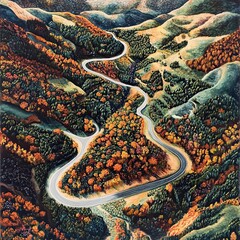 Bird’s Eye View of Winding Mountain Road with Autumn Colors