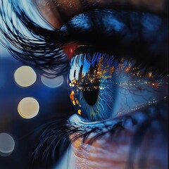 Close-Up of Eye with Reflection of City Lights