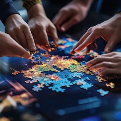 Close-up of diverse hands assembling a 3D puzzle over a digital map