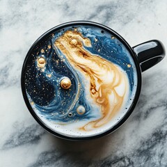 Coffee Cup with Galaxy Foam Art on Marble Background