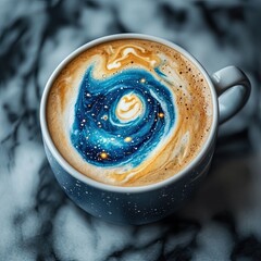 Coffee Cup with Galaxy Foam Art on Marble Background